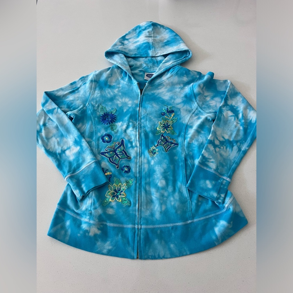 Y2K‎ Diane Gilman Zip Up Hoodie Tie Dyed Blue White Embellishments Womens 8